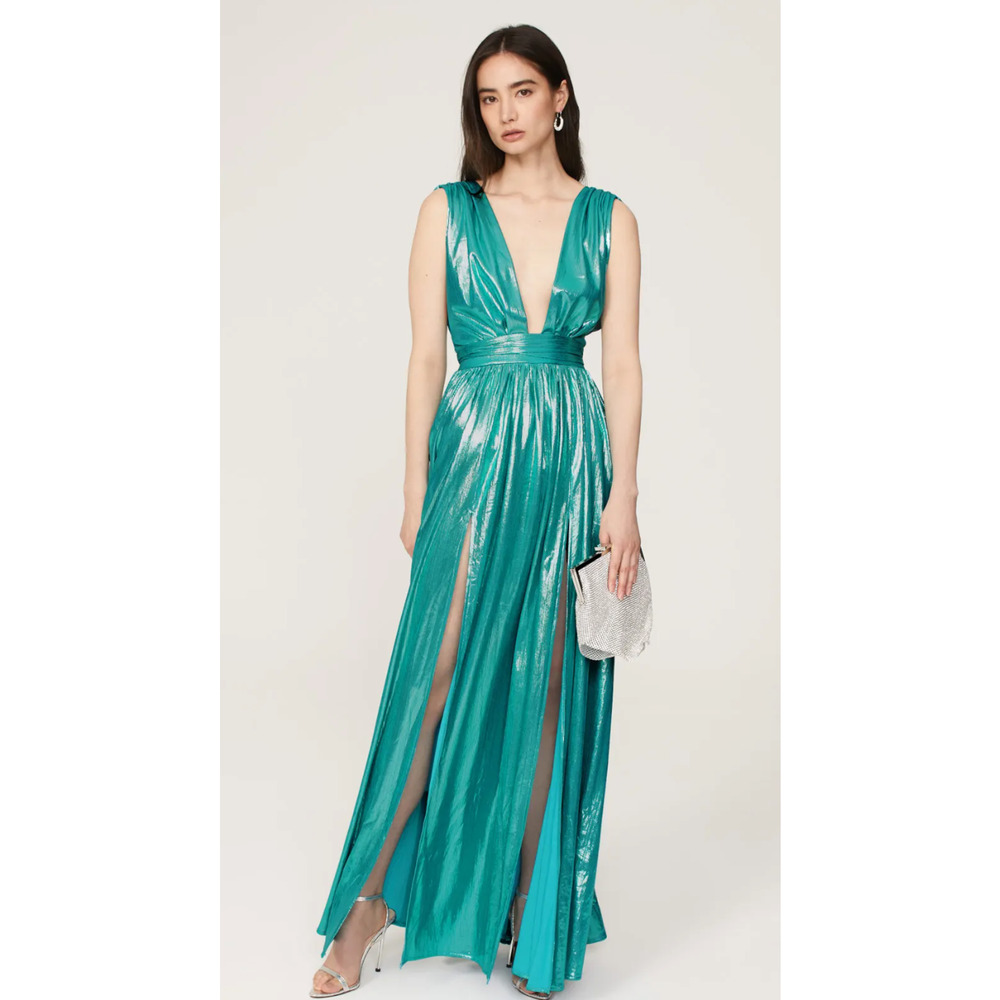 Bronx And Banco Romi Metallic Gown Plunge Neckline Dress Teal Turquoise